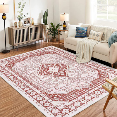 Tapis vintage lavable à la machine - antidérapant, à poils courts, doux, envers en caoutchouc, résistant aux taches, facile à nettoyer et adapté aux animaux de compagnie pour le salon, la chambre à coucher, la cuisine, le vestibule - rouge rouillé, 9 x 12 pi - États-Unis