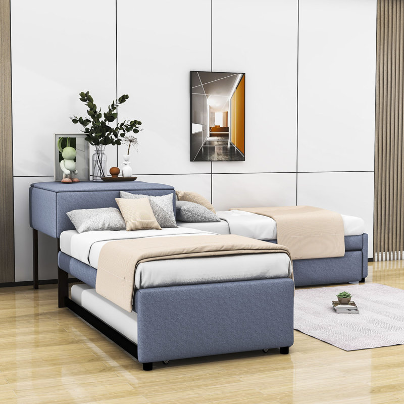 Shel Twin Size,Upholstered L-shaped Platform Bed with Trundle and Two Drawers