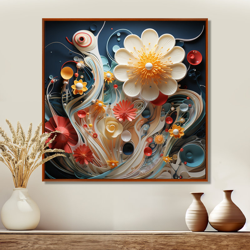Blooming White Abstract Flower - Art mural floral moderne, Toile avec cadre flottant brun, H 30 po x l 30 po x P 1 po