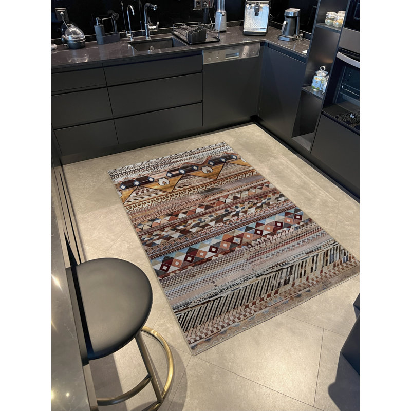 Multi-Colored Stripe Section Pyramid and Mixed Shape Patterned Modern Decorative Rug, Rectangle 4'3.18" x 6'2.8"
