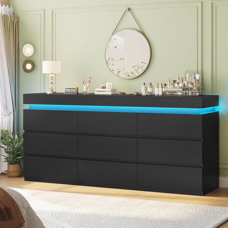 Commode 9 tiroirs avec éclairage à DEL, commode moderne pour la chambre à coucher, commode longue avec tiroirs pour le salon, le vestibule, le couloir