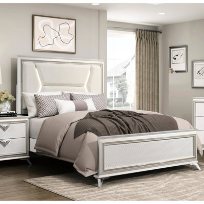 Lit de luxe grand avec tête de lit tapissier en chenille et lumières à DEL, élément en or blanc antique, tête de lit en bois, revêtement, cadre en bois pour la décoration de la chambre à coucher