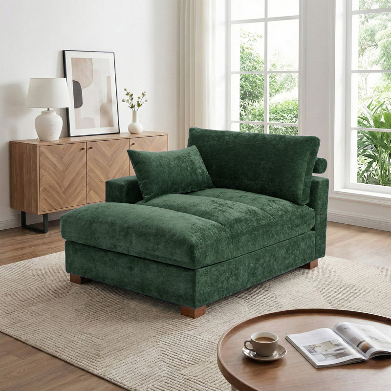 Chaise longue surdimensionnée rembourrée en chenille verte avec accoudoirs et coussins décoratifs, Vert