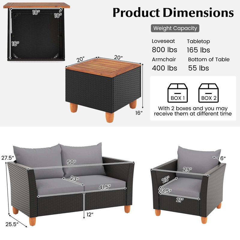 Ensemble de 4 meubles de patio en osier avec table de rangement à coussins amovibles, Gris