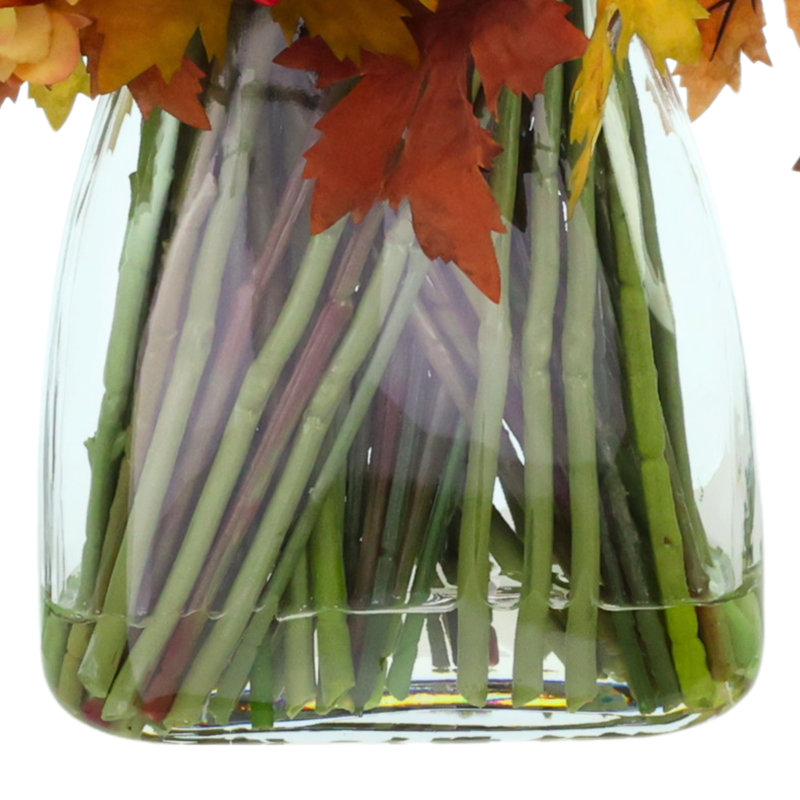 Fall Centerpiece with Hydrangeas and Maple Leaves, Green; Orange; Red; Yellow, 23" H x 31" W