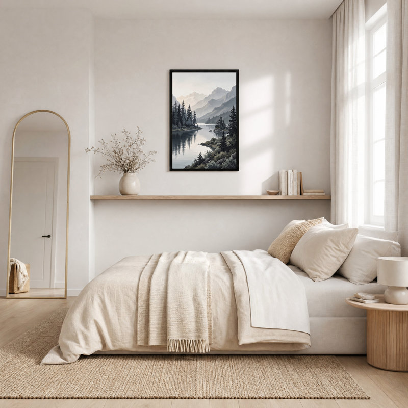 «Misty Mountain Landscape with Lake Reflection», art mural, H 30 po x l 20 po