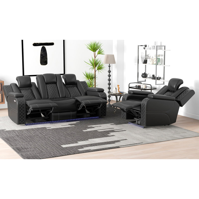 Ensemble de salon inclinable en cuir 2 pièces Davarious, Similicuir noir