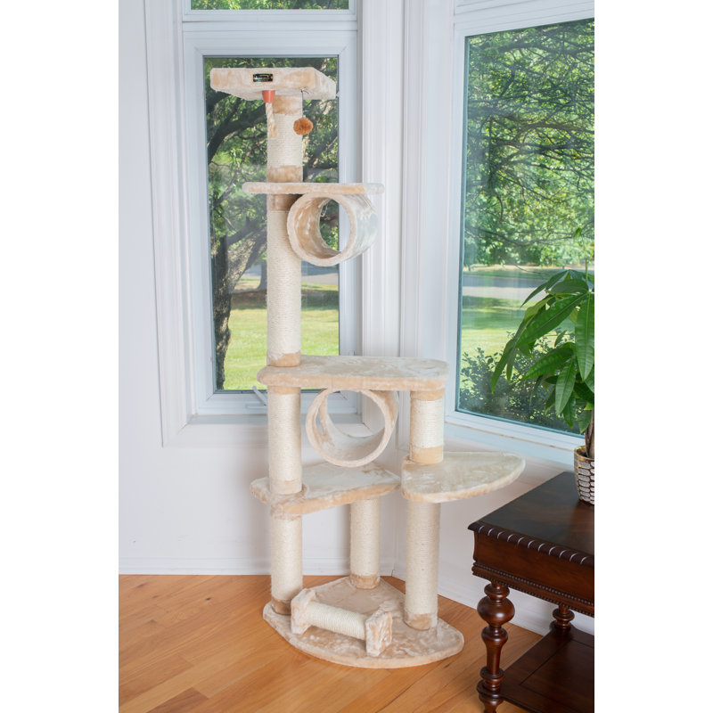 Beige Faux Fur and Sisal 74'' Cat Tree with Multiple Perches