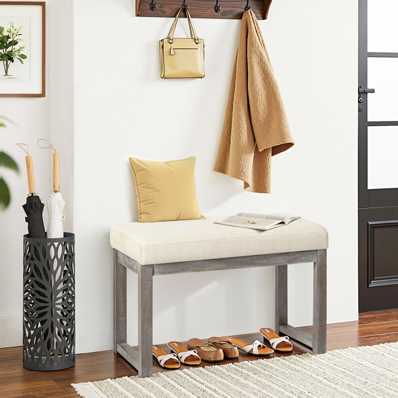 Banc repose-pieds rectangulaire de 27 pouces de large, repose-pieds en tissu d'aspect lin beige avec structure en bois massif, banc rembourré pour le salon, la chambre à coucher, le vestibule