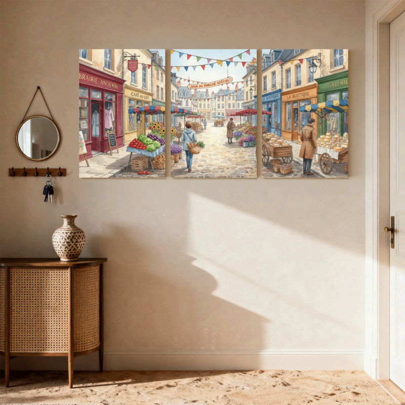 Scénario et paysage urbain, marché français, scène de rue, ensemble de 3 impressions sur toile, H 30 po x l 60 po