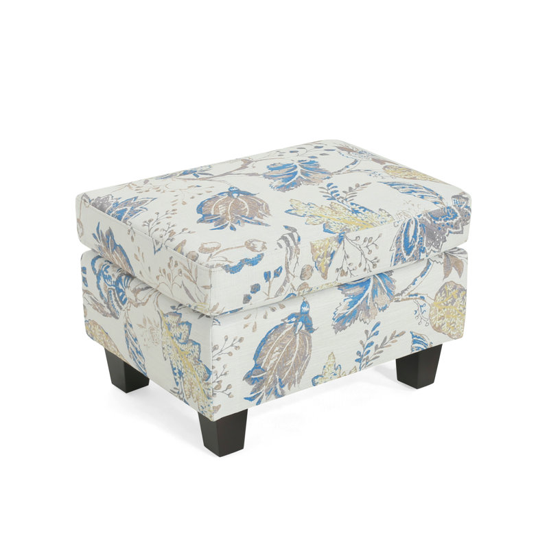 Repose-pieds beige et bleu à motif floral - Tabouret d'appoint contemporain avec pieds en bois de bouleau pour la décoration du salon