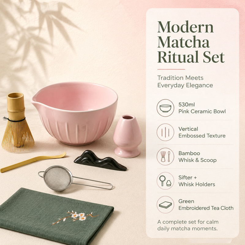 Ensemble de fouet à matcha 7 pièces, ensemble de matcha en céramique avec bol, fouet en bambou, support, pelle, repose, tamis et serviette à thé, cadeau élégant pour les amateurs de matcha et les femmes, rose