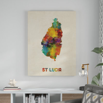 St Lucia Watercolor Map by Michael Tompsett - Graphic Art on Canvas