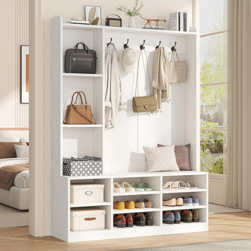 Arbre d'entrée avec banc de rangement, banc d'entrée 5 en 1 avec portemanteau, rangement pour chaussures réglable, crochets de suspension, range-chaussures pour hall d'entrée