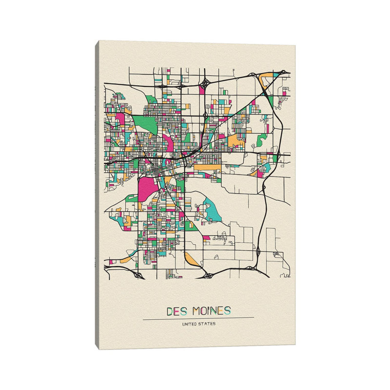 Des Moines, Iowa Map 1 Piece Wrapped Canvas Wall Art, 66.04 cm H x 45.72 cm W x 3.175 cm D