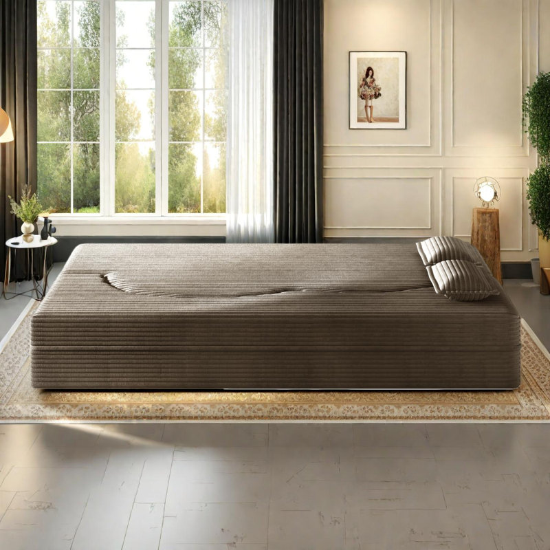 Canapé-lit convertible au sol avec 2 coussins, tissu en velours côtelé, rembourré de mousse, aucun assemblage requis, Brun