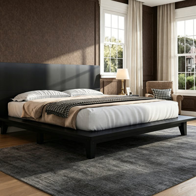 Base de lit plateforme avec tête de lit, support en lattes de bois