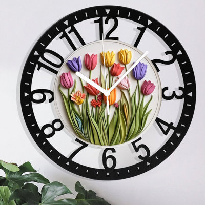 Horloge murale en métal pour le salon - Chemin forestier de 10 po bordé de fleurs Bluebell silencieuses, fonctionnant à piles, horloges antiques pour maison de campagne, chambre à coucher, cuisine - chiffres arabes