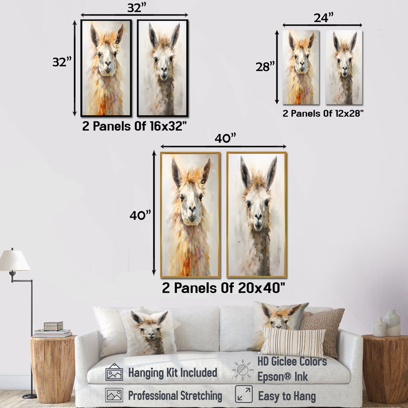 Furry Llama Portrait - Llama Wall Art Prints Set Of 2, 28" H x 25" W, Wrapped Canvas