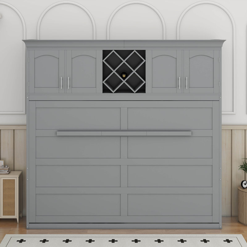 Grand lit escamotable mural avec armoires supérieures, gris