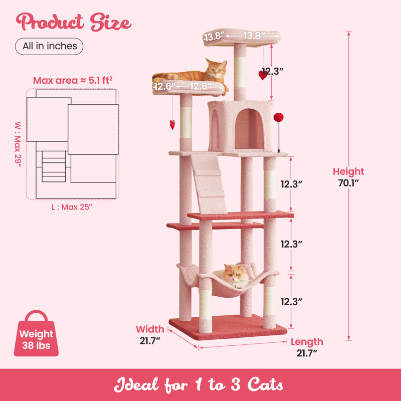 Grand condo 64 "pour chat, H 63,8 po x l 19,7 po x P 19,7 po, Rose foncé