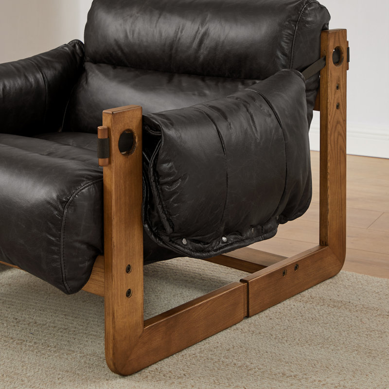 Nora 37.40'' W Top-Grain Genuine Leather Accent Lounge Chair with Solid Ash Wood Frame, Black