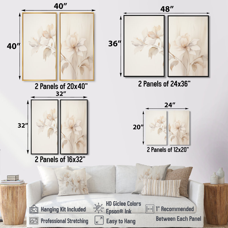 Élégance botanique blanche II - art mural moderne 2 panneaux, 20" H x 24" W, Impression encadrée flottante, Brown