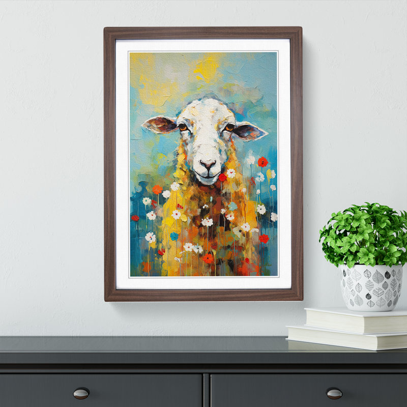 Sheep Expressionism No.2 - Single Picture Frame Print on Wood, 46cm H x 34cm W x 2cm D, Walnut