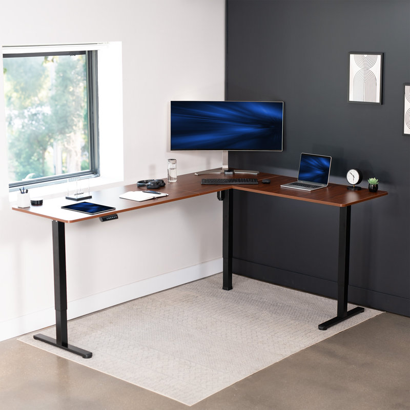 Bureau d'angle électrique VIVO, poste de travail en L, Bois foncé / noir, L 84,6 po x P 63 po
