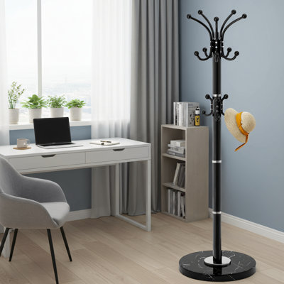 Heavy-duty Metal Coat Rack, Modern Freestanding Design, Natural Marble Base, 360° Swivel, With 16 Hooks, Black Finish, Suitable For Entryways And Offices.