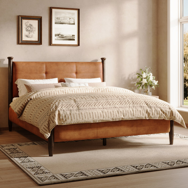 Hawthorne Vintage PU Leather Upholstered Platform Bed with Tufted Headboard and Solid Wood Legs, Queen