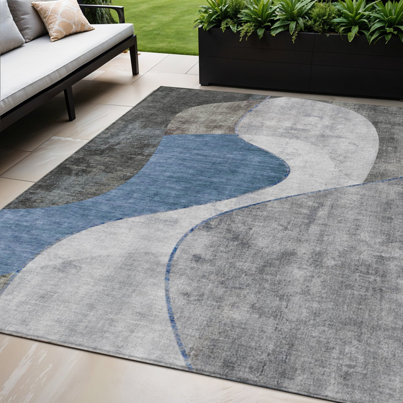 HomeRoots 3' X 5' Denim Blue And Sky Blue Abstract Washable Indoor Outdoor Area Rug