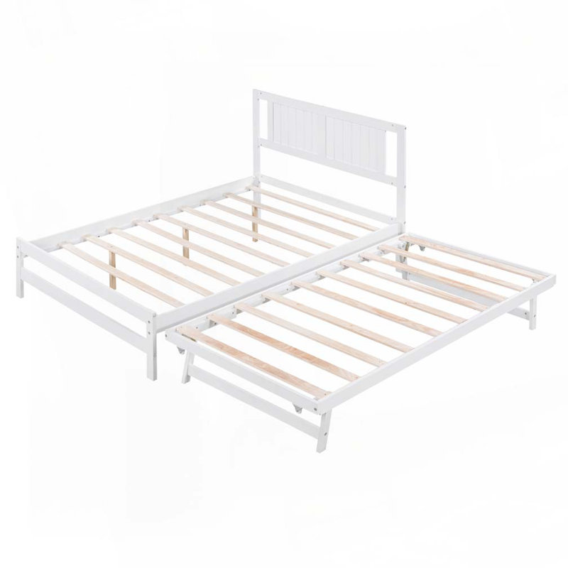 Platform Bed with Adjustable Trundle, White