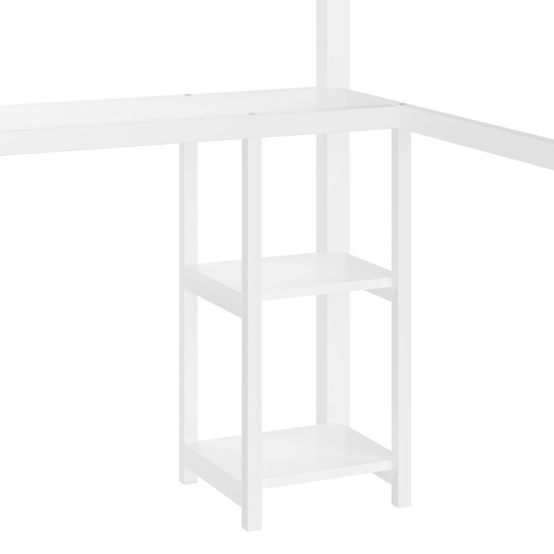 Lit mezzanine grand format avec garde-robe intégré, lit mezzanine en métal avec bureau et tablettes de rangement, blanc
