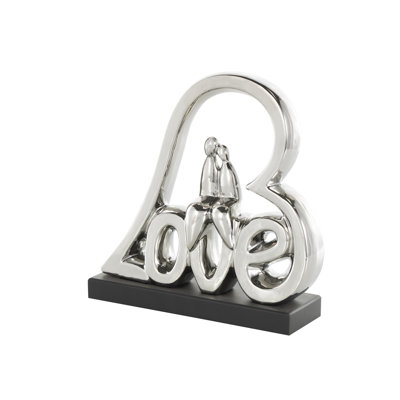 Niomie Ceramic Family Love Heart Decorative Silver Sculpture with Black Base