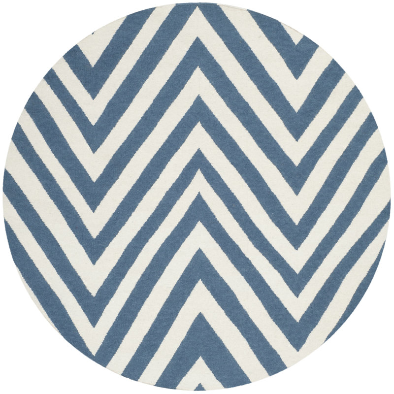 Tapis bleu / ivoire en laine et coton tissé à la main Dhurries, Rond 6 pi