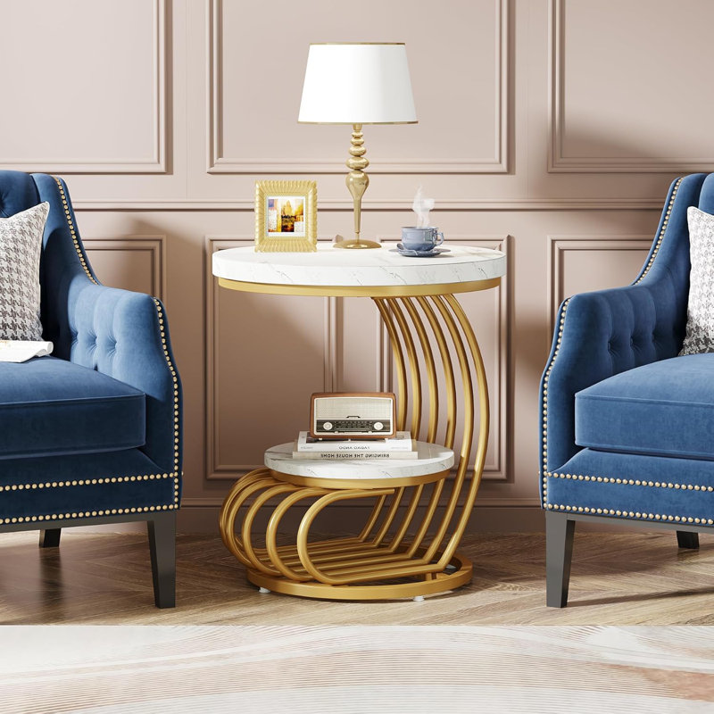 Gold and White Faux Marble Round End Table with Storage Shelf