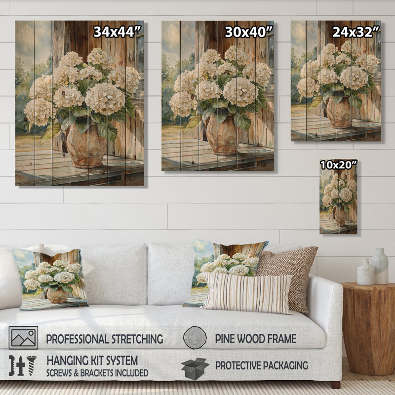 Farmand Hydrangeas Pot In The Summer Breeze - Hydrangea Wood Print - On Natural Pine Wood, H 20 po x l 10 po x P 0,78 po