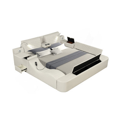 Grand lit multifonctionnel intelligent en bois et similicuir beige