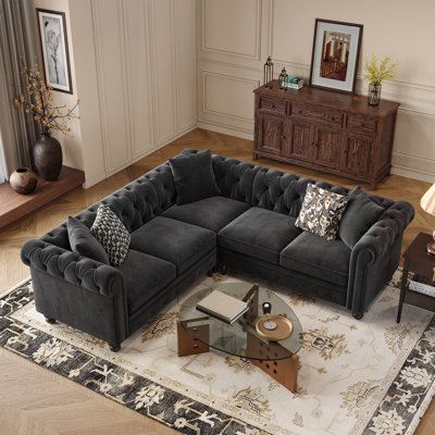 Chesterfield L Shaped Sofa, Velvet Couch With Rolled Arms