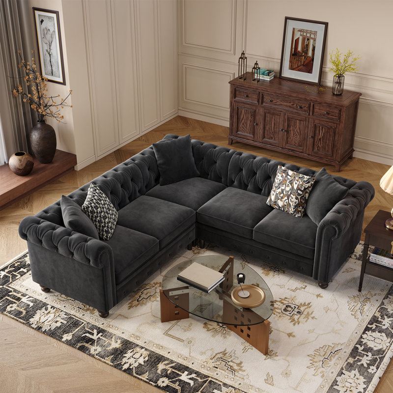 Chesterfield L Shaped Sofa, Velvet Couch With Rolled Arms