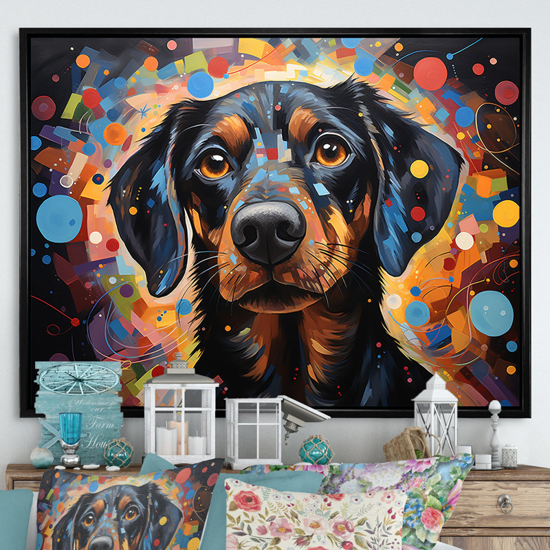 Impression sur toile «Dachshund Delight I», Cadre flottant noir, H 16 po x l 32 po x P 1 po