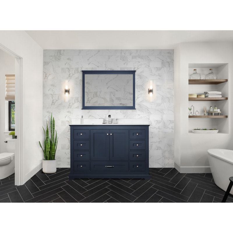 48 po Large meuble-lavabo simple bleu marine avec plateau en marbre, 46 miroirs et une armoire de rangement