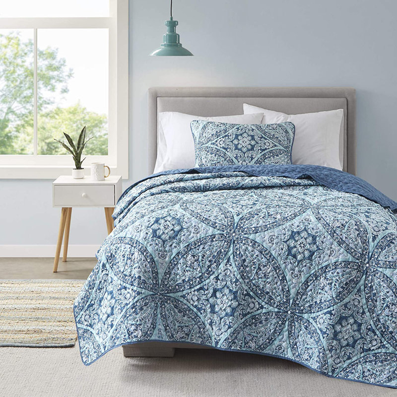 Geometric Shapes Quilt, Blue/White