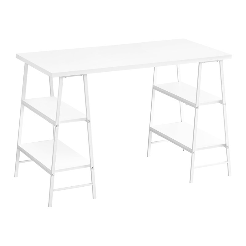 Bureau pour ordinateur avec plateau en stratifié blanc de 122 cm (48 po) et 4 tablettes métalliques, style industriel moderne.