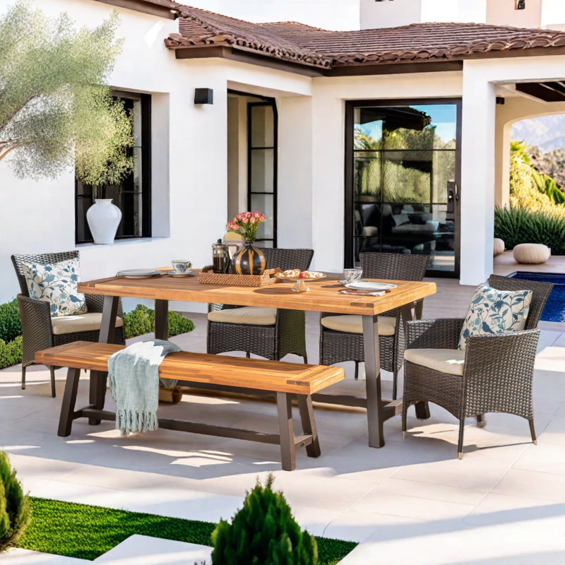 Lebo 6 - Person Acacia Wicker Patio Dining Set with Rectangular Table, Brown/Black