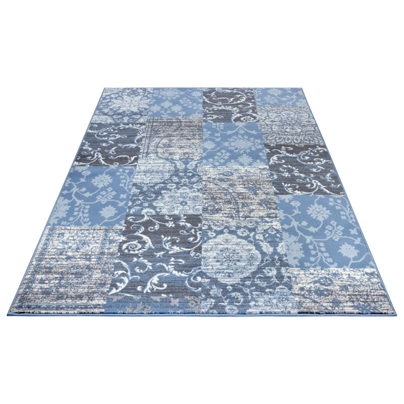 Designer Grey/Sky Blue Rug, Rectangle 80 x 150cm