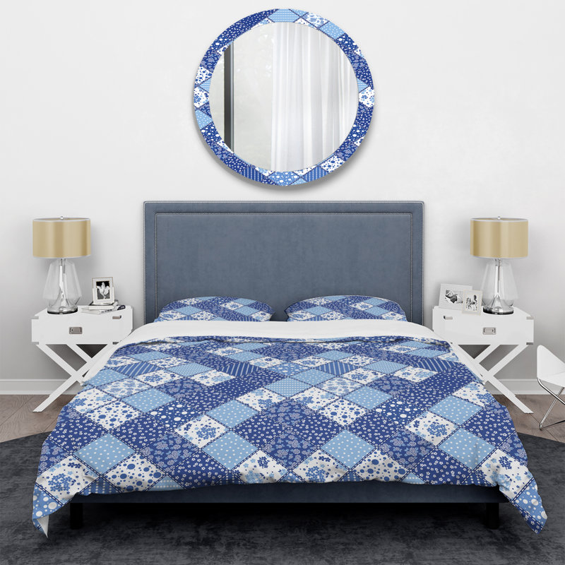 Blue Flower Patchwork Polyester Patchwork Duvet Cover, King Duvet Cover + 2 King Shams