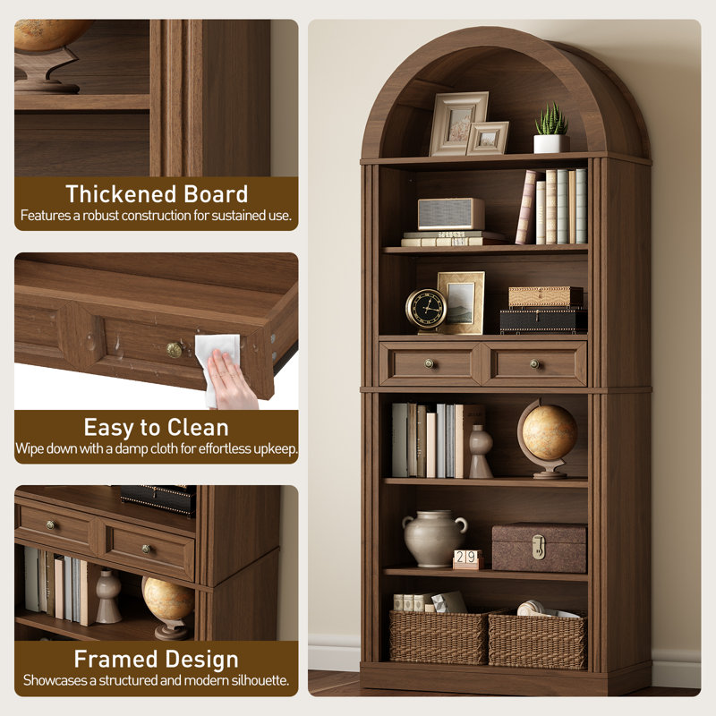 73" Arched Bookshelf  with Drawers and Open Display Shelves, 6-Tier Farmhouse Bookcase with Adjustable Shelf, Walnut