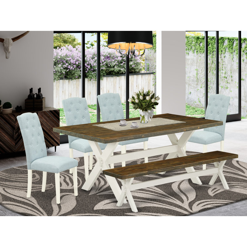 L'ensemble de table de salle à manger 6 pièces contient une table de salle à manger rectangulaire et 4 chaises Parson en tissu bleu bébé avec banc, lin brossé blanc 
